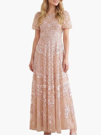 Needle & Thread Anais Sequin Short Sleeve Gown in Biscuit at Nordstrom, Size 10
