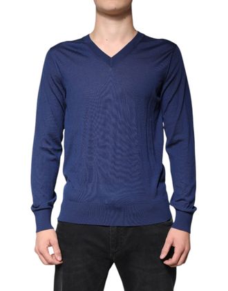 Dolce & Gabbana Navy Blue Cashmere V-neck Pullover Mens Sweater