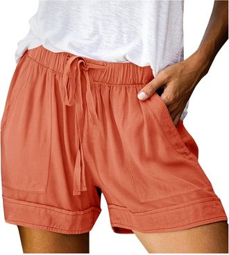 Generic Womens Shorts Cotton Waist Women Linen Elastic Summer Womens Casual Shorts Shorts and High Solid Waist Womens Shorts Shorts Ladies (Z-Orange, L)