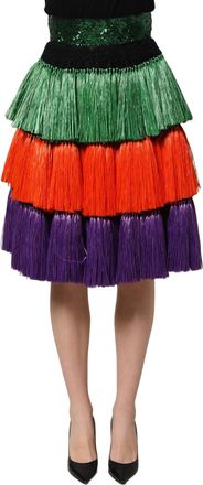 Dolce & Gabbana Womens Multicolor Fringed High Waist Knee Length Skirt Silk