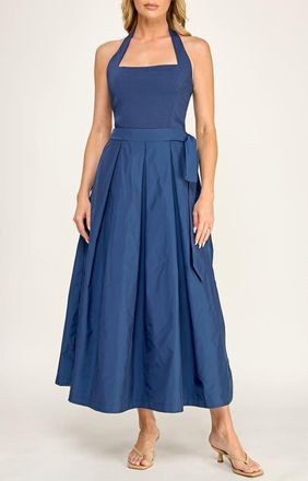 Socialite Halter Neck Mixed Media Midi Dress in Navy at Nordstrom, Size X-Small