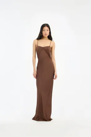 Rotate Satin Maxi Slip Dress In Brown