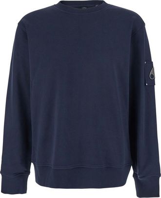 Moose Knuckles Blue Crewneck Sweatshirt With Logo Patch On The Sleeve In Cotton Man