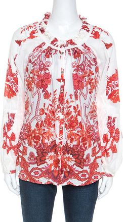 Roberto Cavalli Off White Floral Printed Ruched Detail Shirt