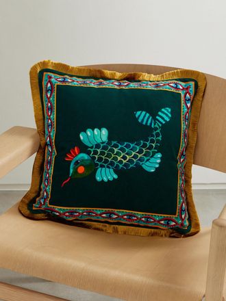 La DoubleJ Cuscino In Velluto Di Misto Cotone Con Stampa E Frange - Verde