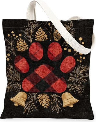 Generic Paw Print Canvas Tote Bags, Pinecones Pattern Reusable Grocery Bags, Winter Lightweight Washable Shoulder Tote for Travel P, Black, 13x15 Inch
