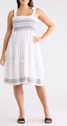 Elie Tahari Smocked Embroidered Cotton Dress in Sky White/Noir at Nordstrom Rack, Size X-Large