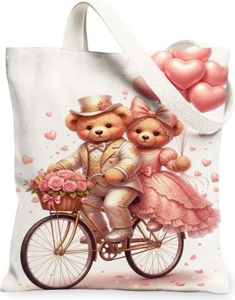 Generic Wedding Bears Canvas Tote Bags, Cute Animal Love Pattern Reusable Grocery Bags, Lightweight Washable Shoulder Strap Canvas, White, 13x15 Inch
