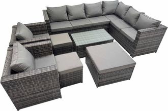 Fimous Fimous Patio Sofa Oblong Coffee Table Set Rattan Garden Furniture Set with 2 Chairs 3 Stools Dark Grey Mixed