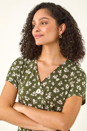 Roman Floral Puff Print V-Neck Top