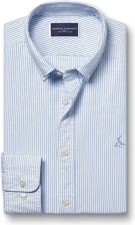CHARLES TYRWHITT Stretch Washed Oxford Stripe Cotton Shirt - Ocean Blue Single Cuff Size Large by Charles Tyrwhitt