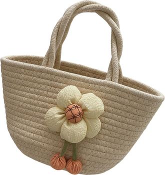 Generic Woven Rope Basket, Tote Bags for Women, Woven Shoulder Bag Straw Bag with Flower Decoration, Ladies Holiday Bags for Travel, Beach and Shopping, 28x25