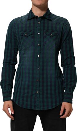 Aglini Green Checkered Cotton Button Down Long Sleeves Mens Shirt (Pre-Owned)