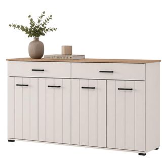 Dmora Alacena Quarna, Aparador 3 Estantes, 2 Cajones, 4 Puertas, 156x40x86h Cm Blanco Crema