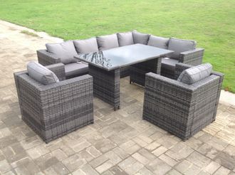Fimous Outdoor Lounge Rattan Corner Sofa Set Garden Furniture Rectangular Dining Table Chair Dark Grey