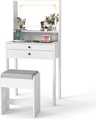 Costway Small Makeup Table Vanity Desk with Mirror & Lights-White