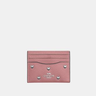 Coach Womens Slim Id Card Case With Heart Rivets - Pink Leather - One Size