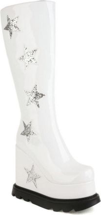Generic Womens Patent Leather Mid-Calf Boots with Platform Wedge Heel, Glitter Star, Gothic Punk Style,White,7.5 UK
