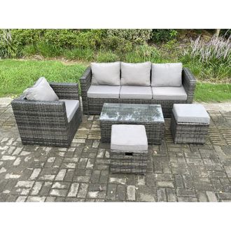 Fimous Fimous Rattan Garden Furniture Set with 3 Seater Sofa Coffee Table Armchair 2 Small Footstools Indoor Outdoor Patio Lounge Sofa Set Dark Grey Mixed