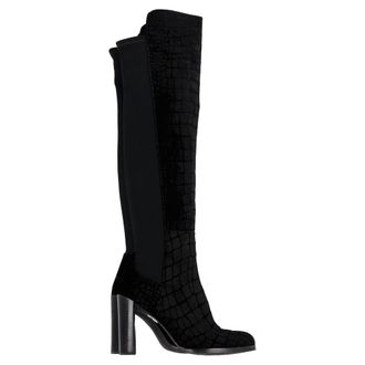 Stuart Weitzman Crocodile-Embossed Knee-High Heeled Boots in Black Velvet