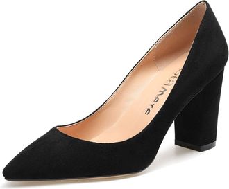 Castamere Womens Block Heel Pointed Toe Slip-On Court Shoes 3.2 in Heeled Suede Black Pumps UK 3.5