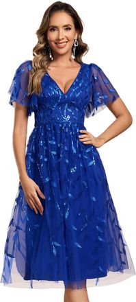 Ever-pretty Prom Dress Leaf Sequin Short Sleeve Tulle Midi Wedding Guest Dress Sapphire Blue 14UK