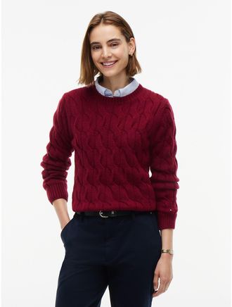 Tommy Hilfiger Womens Cable Knit Crewneck Sweater - Burgundy - XXL