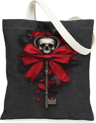 Generic Gothic Skull Canvas Tote Bags, Vintage Key Floral Pattern Reusable Shopping Bags, Dark Romantic Lightweight Washable Should, Black, 13x15 Inch