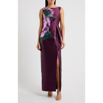 Kay Unger Luciana Placed Floral Column Gown in Mulberry at Nordstrom, Size 8