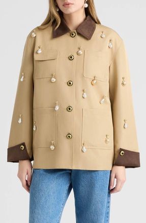 NVLT Faux Pearl Charm Detail Twill Jacket in British Tan at Nordstrom, Size X-Small