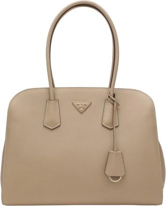 Prada Tassen, Dames, Beige, ONE Size, Leer, Grote leren tote bag