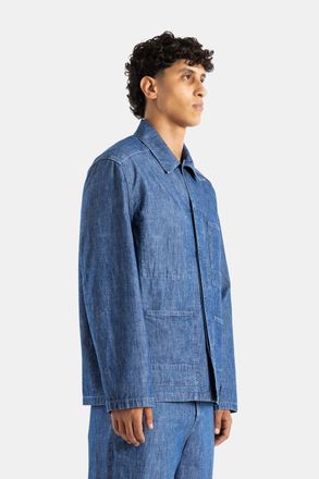 Jil Sander Mens Washed Indigo Cotton Chambray Jacket With Four Patch Pockets Blue