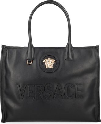 Versace Neutrals Raised Logo Textured Calf Leather Tote Bag