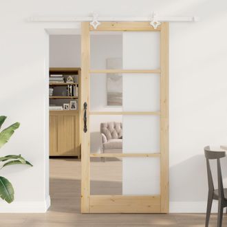 Berkfield Home Sliding Door with Hardware Set 93x202 cm Solid Wood Pine in Beige