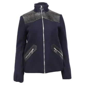 Maje Biker Blousson Zipper Jacket in Navy Blue Wool