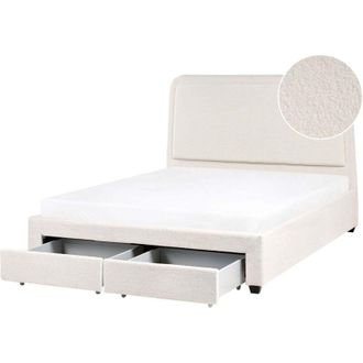 Beliani Letto scandinavo in boucl&eacute; con testiera 160 x 200 cm imbottita con 2 cassetti e rete a doghe bianco sporco Sardent