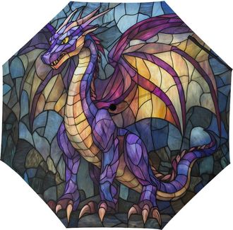 Generic Dragon Stained Glass Compact Umbrella 3 Fold Windproof Strong Rain Sun Umbrellas Travel Automatic
