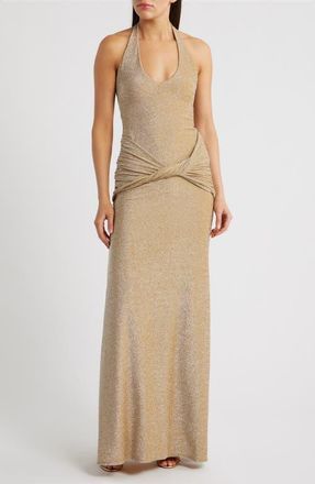 Delfi Soraya Metallic Jersey Halter Column Gown in Gold at Nordstrom, Size X-Large