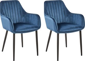 Beliani Beliani - Juego De 2 Sillas De Comedor De Terciopelo Azul Con Reposabrazos Patas De Metal Negro Retro Glam Wellston