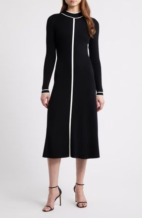 Elie Tahari The Noemi Contrast Trim Long Sleeve Rib Midi Dress in Noir/Sky White at Nordstrom, Size X-Small