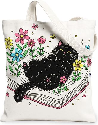 Generic Fanciful Cat Floral Canvas Tote Bag, Cute Flower Pattern Reusable Grocery Bags, Lightweight Washable Shoulder Strap Canvas, White, 13x15 Inch