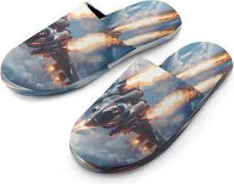 Generic Military Jet Airplane Mens Flannel Slipper Soft Non Slip House Shoes Comfy Winter Warm Indoor Outdoor Slippers