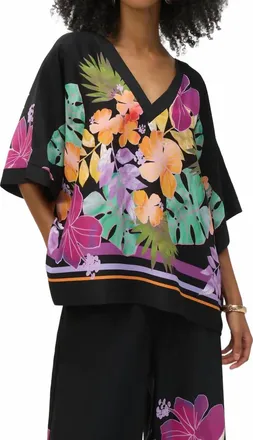 Joseph Ribkoff Floral Print Three Quarter Sleeve Boxy Top In Black/multi