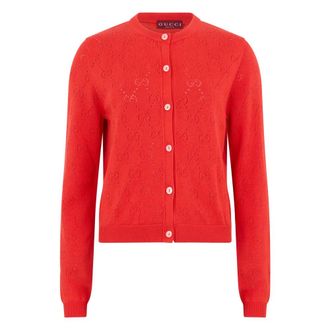 Gucci Cardigans, female, Red, Size: M Cotton Monogram Cardigan with Perforations