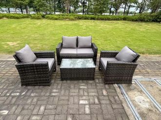 Fimous 4 Seater Grey Mixed High Back Rattan Sofa Set Rectangular Coffee Table Garden Furniture Outdoor Patio in Dark Grey