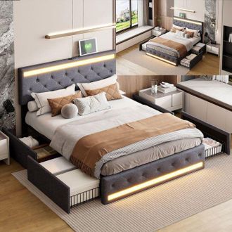OEM Cama 140x190 Cm Gris - Led Integrada, 4 Cajones, Somier De Lamas, Puertos Usb/type-c, Cabecera