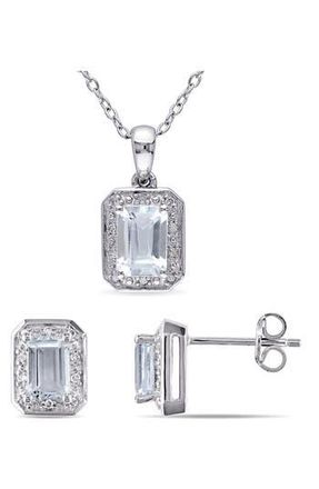 Delmar Sterling Silver Aquamarine & Diamond Halo Earrings & Necklace Set - 0.12ct. in Blue at Nordstrom Rack