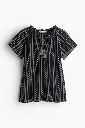 H&M Baumwollbluse mit Kordelzug - Schwarz/Gestreift