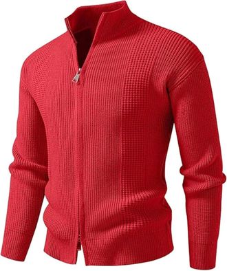 Generic Mens Stand Collar Cardigan Sweater Knit Sweaters Full Zip Jacket Long Sleeve Knitted Ribbed Sweatshirt, Red, XL