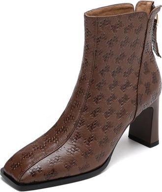 TinaCus Embossed Genuine Leather Womens Square Toe Handmade Block Heels Zip Up Ankle Boots, Chocolate, 2 UK